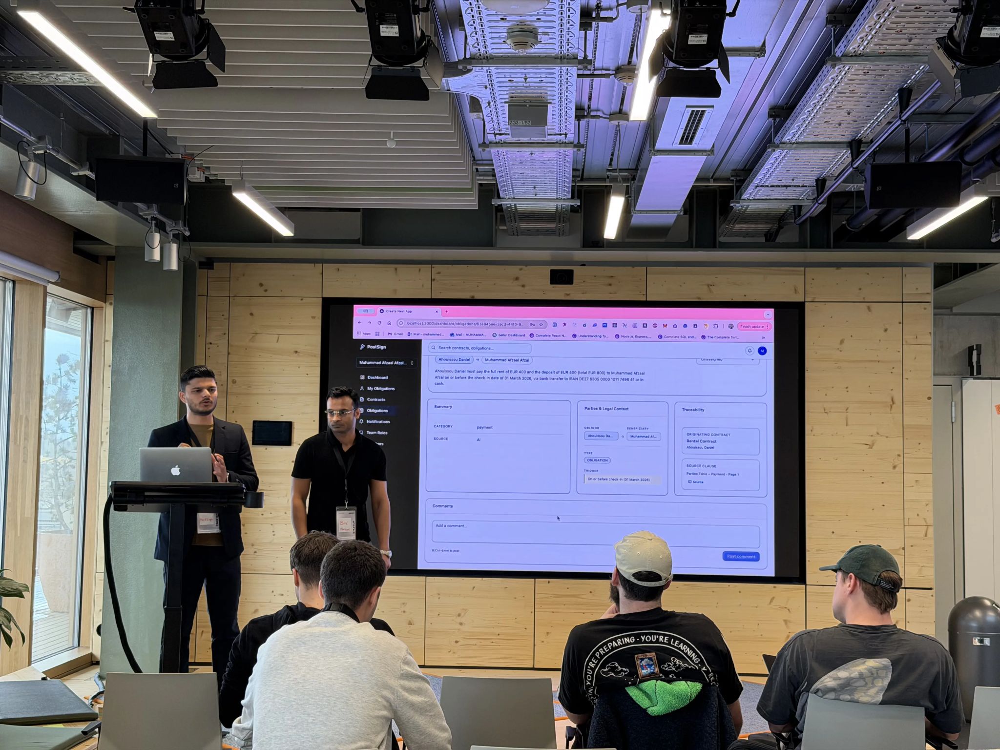 PostSign live product demo shown on screen at Campus Founders AI Start program
