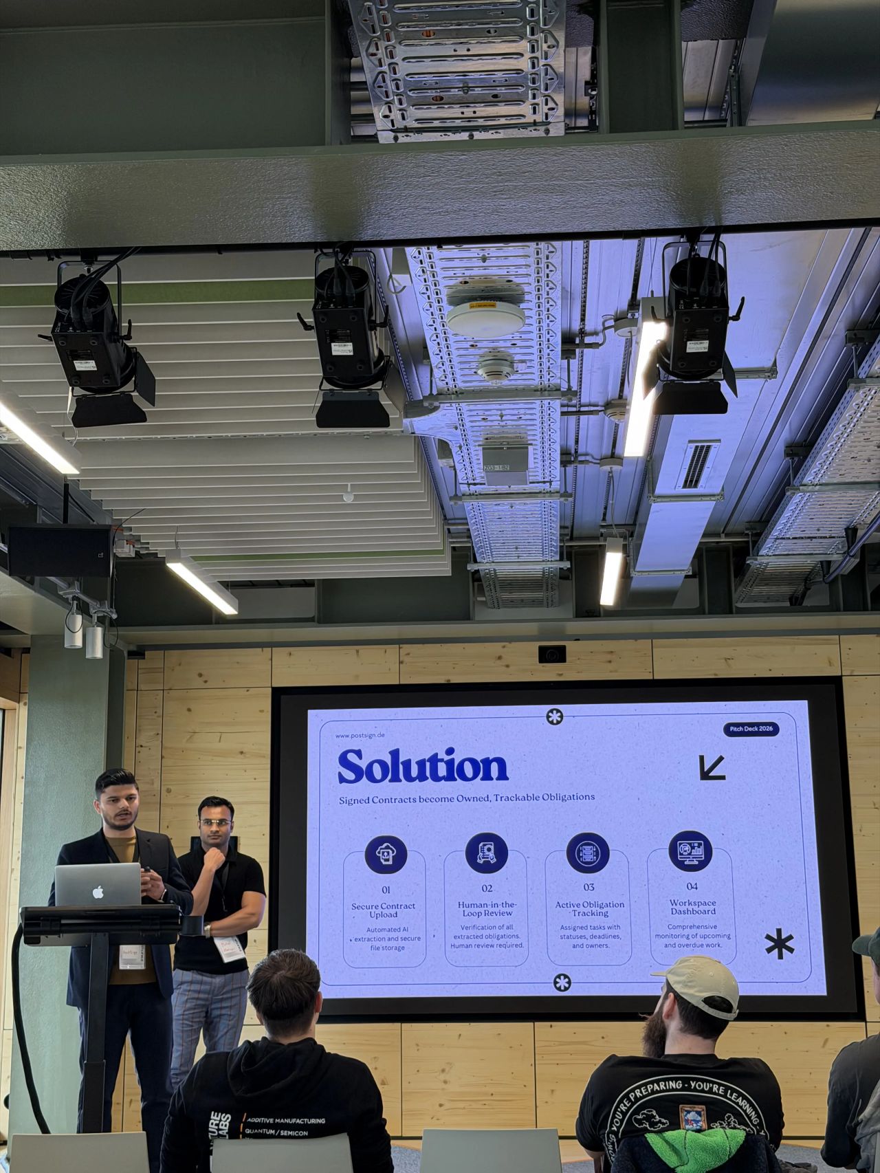 PostSign solution architecture slide showing four stages at Campus Founders AI Start finals
